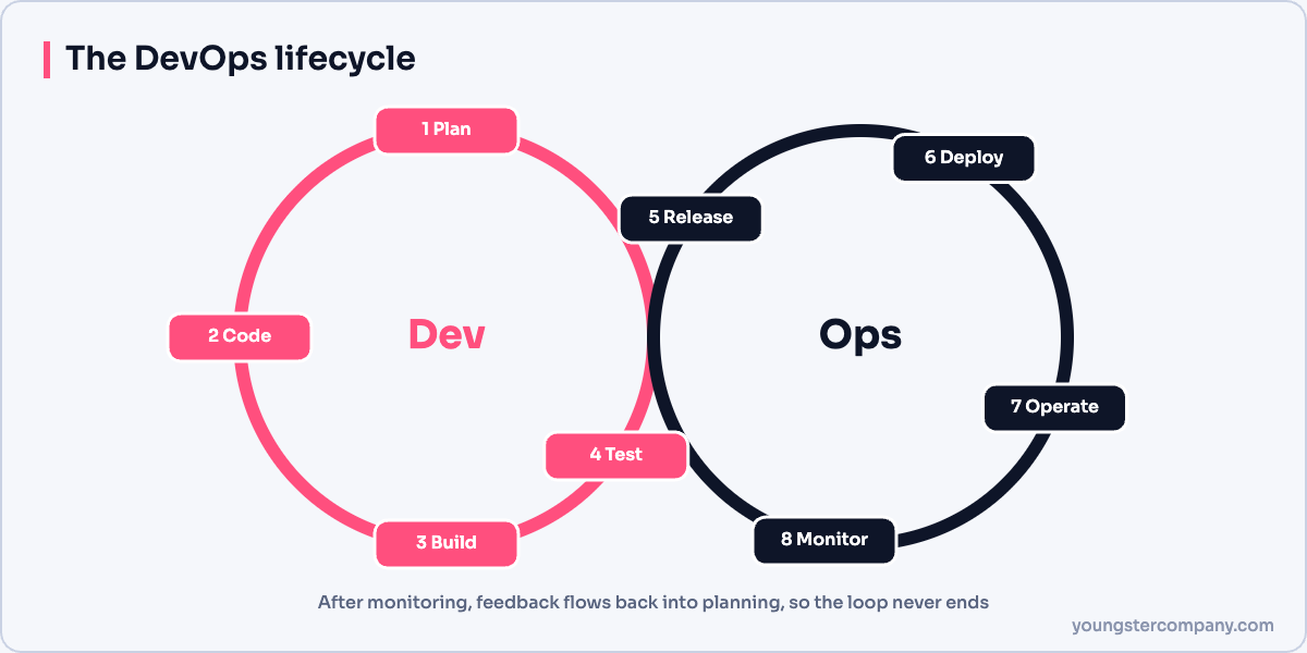 The DevOps lifecycle: plan, code, build, test, release, deploy, operate, monitor